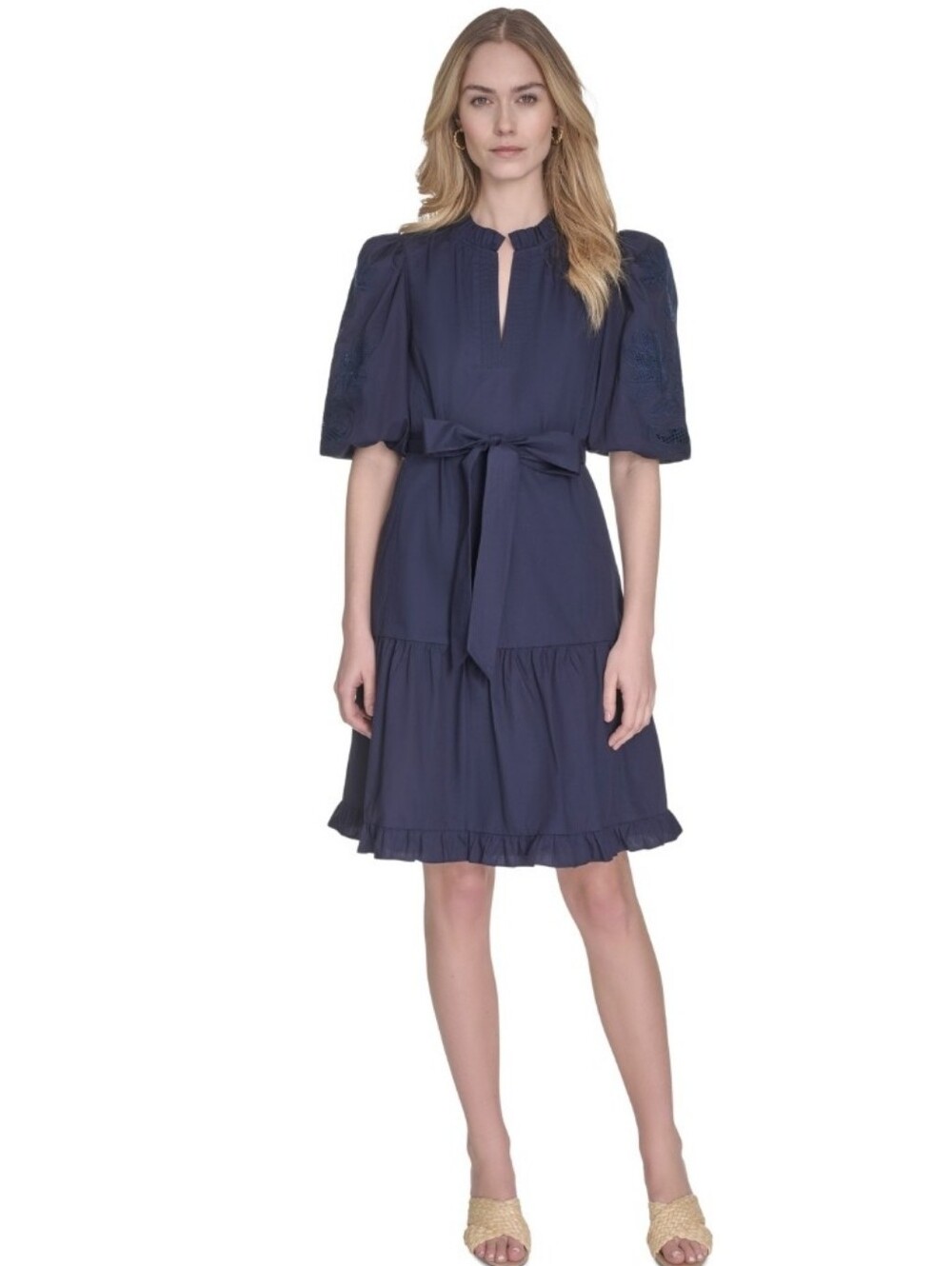Vince Camuto Women's Split-Neck Elbow-Sleeve Cotton Dress - Navy L
